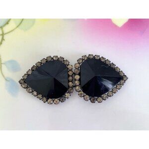Antique Art Deco Black Glass Hearts Dress Buckle Clips Rhinestones
